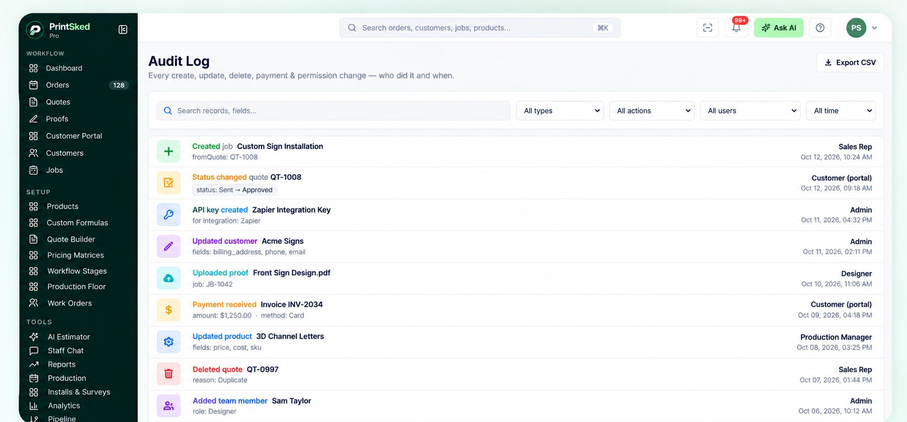 PrintSked audit log for shop activity and accountability