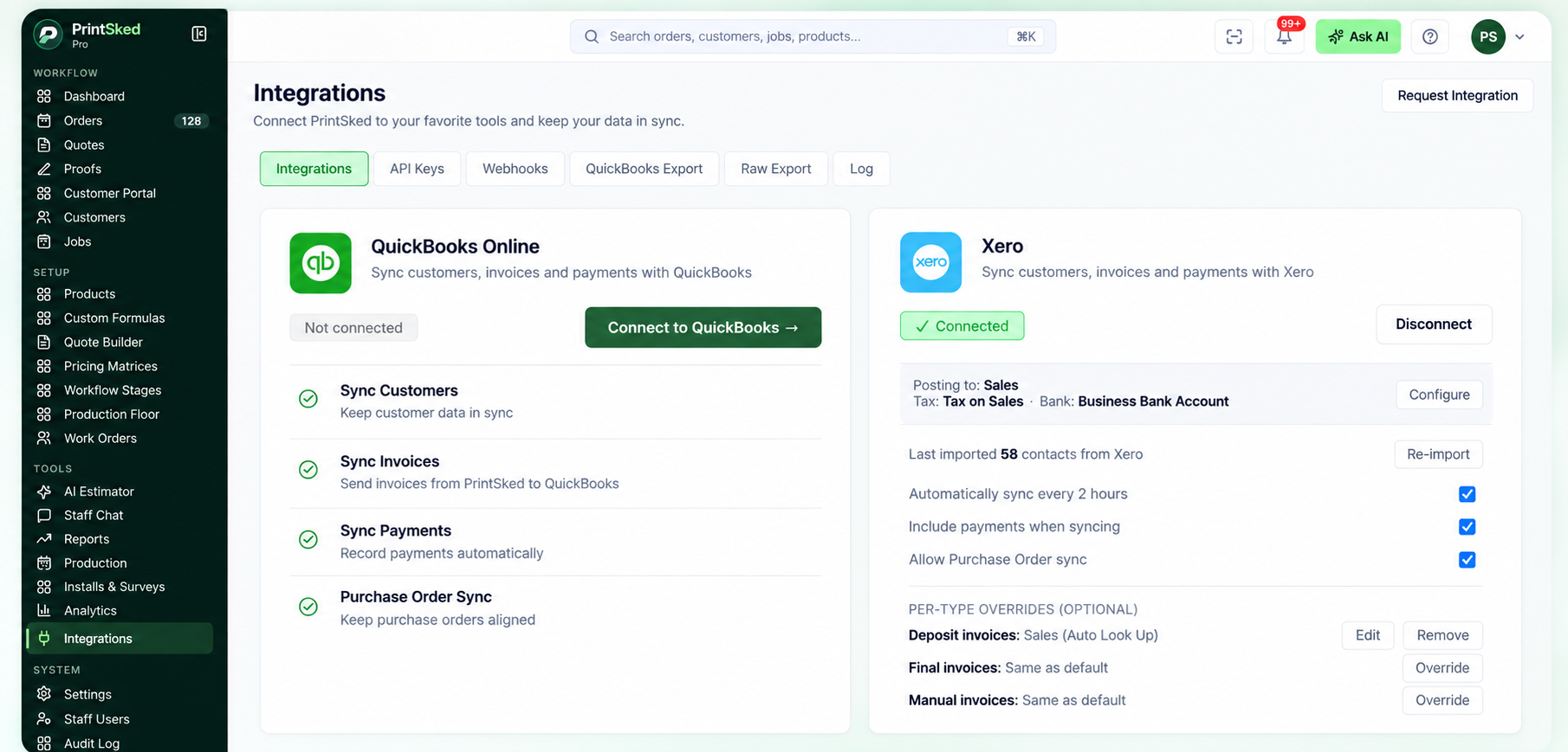 PrintSked integrations with accounting and business tools