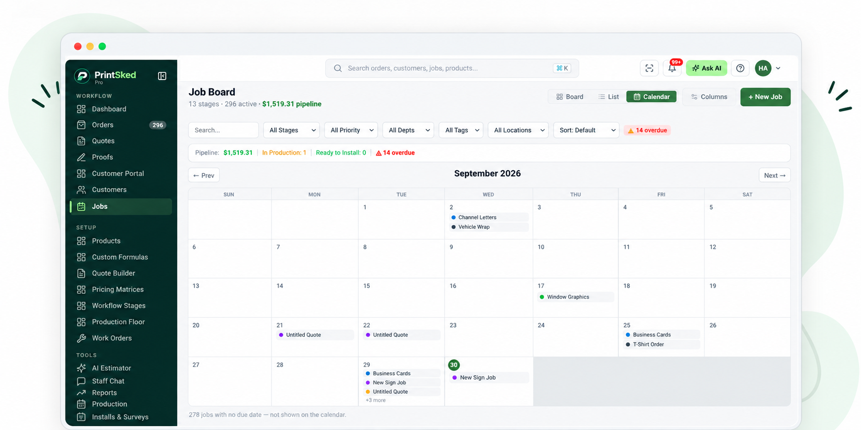 PrintSked job board calendar showing scheduled print shop jobs