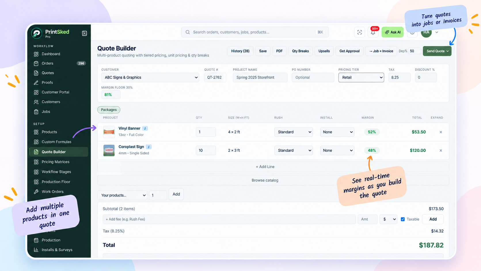 PrintSked quote builder showing print job price and margin