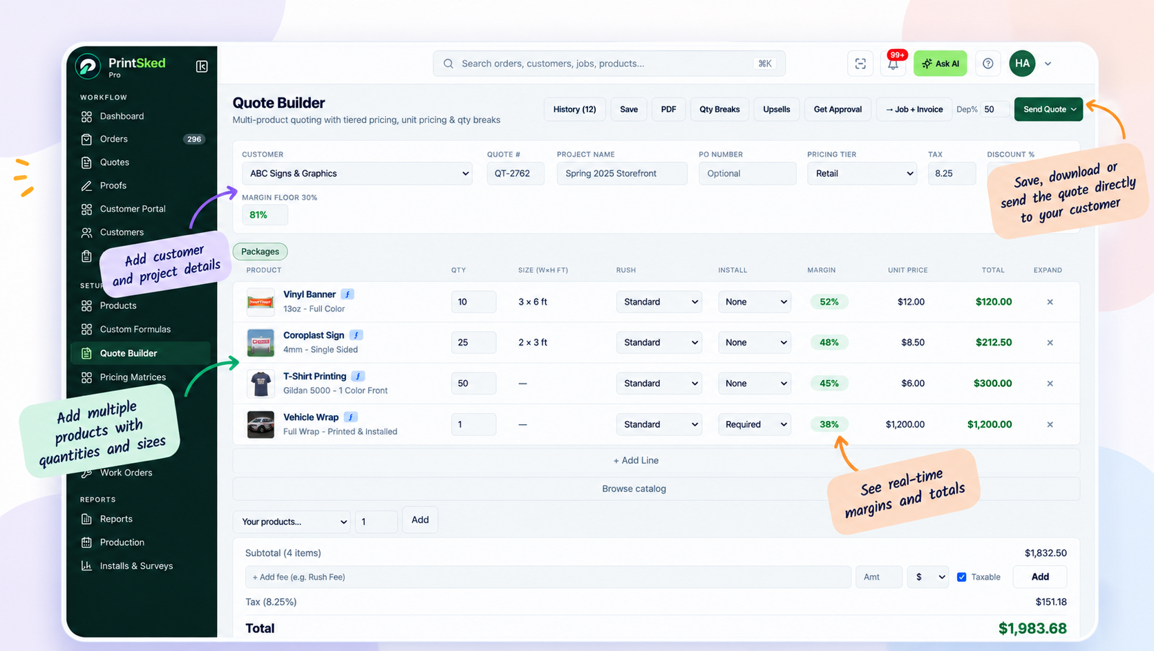 PrintSked quote builder for creating multi-product print quotes