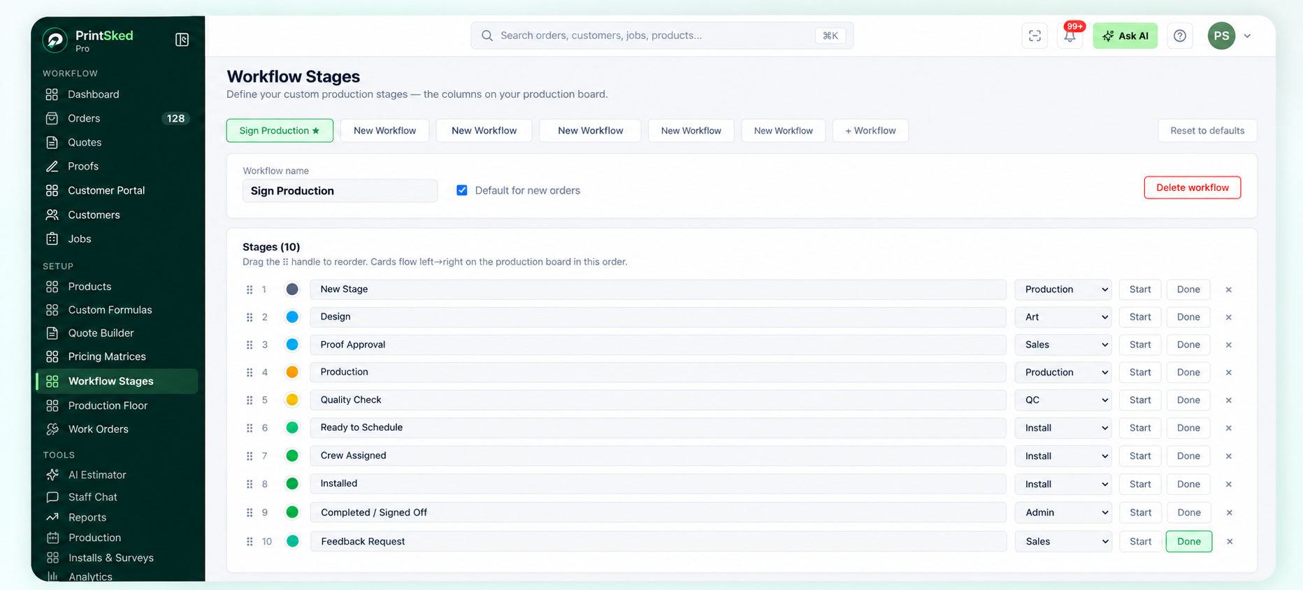 Custom workflow stages in PrintSked sign shop management software