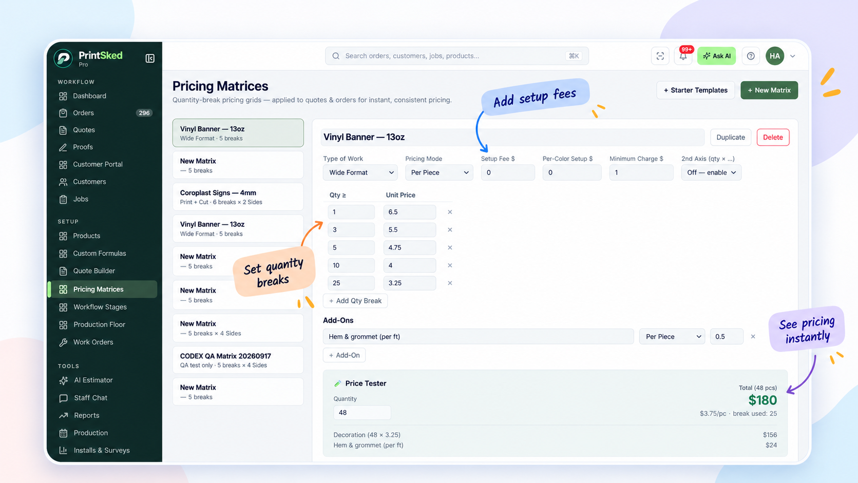 PrintSked pricing matrices for sign shop estimating