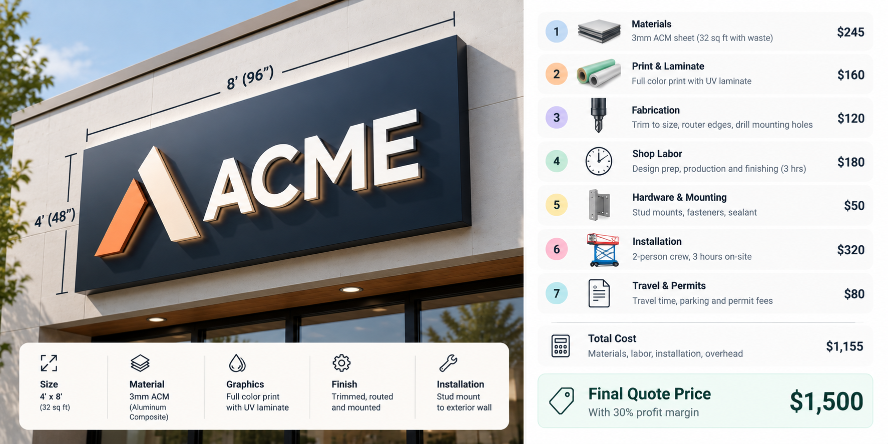 ACME 4 by 8 ACM storefront sign estimating cost breakdown