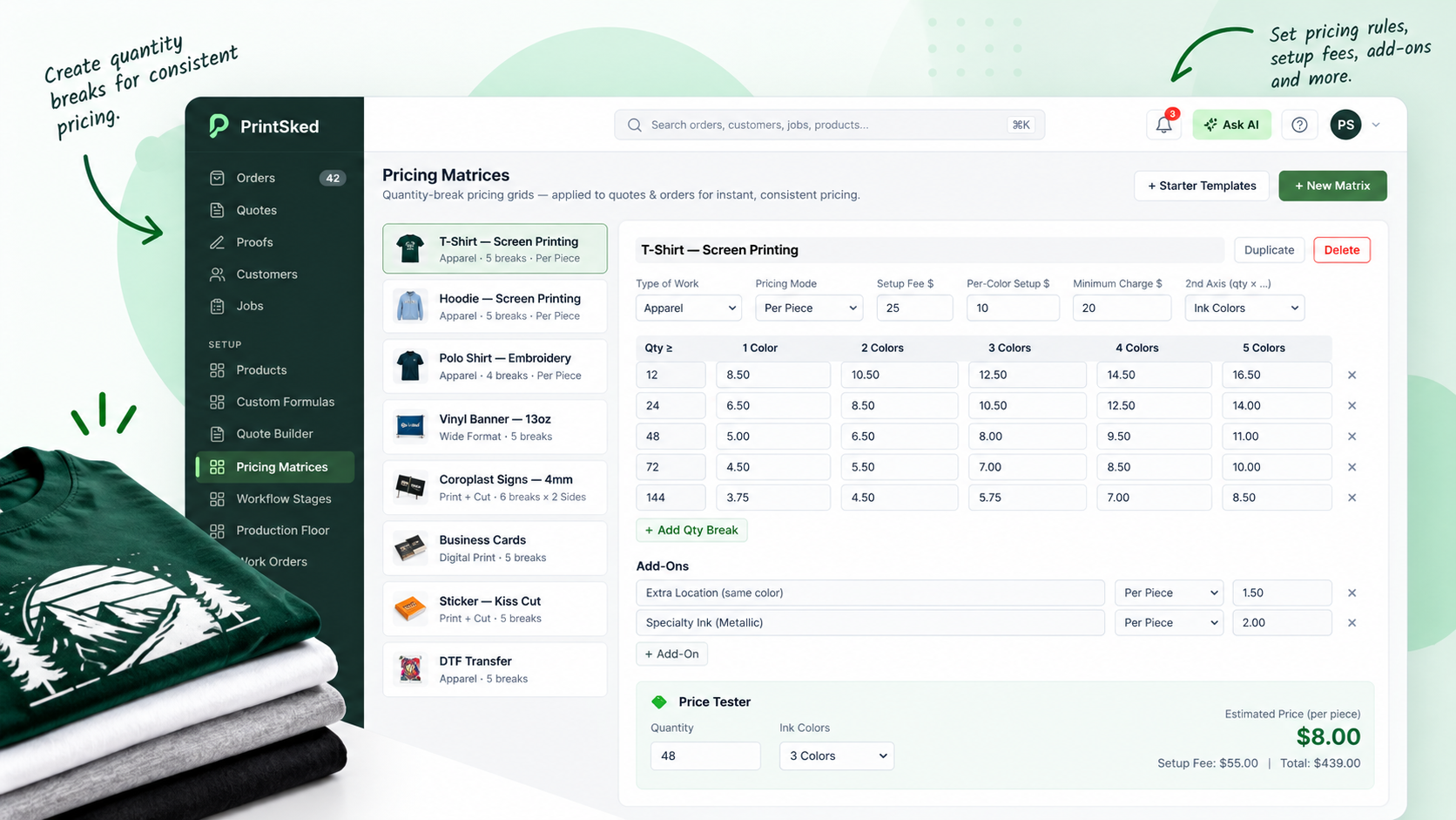 PrintSked screen printing pricing matrix with quantity-based pricing