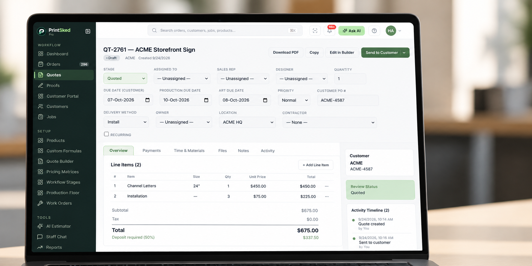 PrintSked sign shop quote dashboard with ACME example